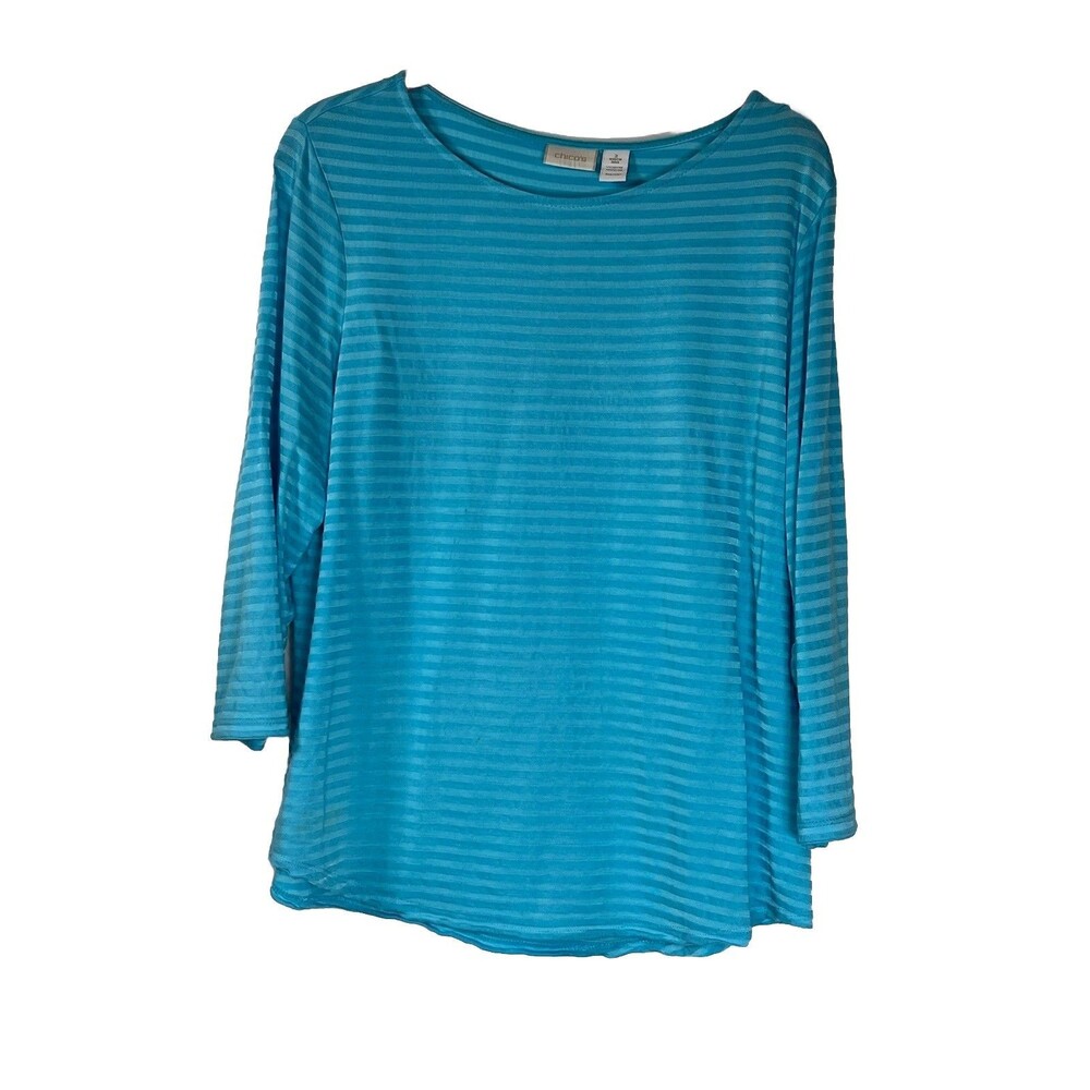 chicos Blue Stripes 3/4 sleeve blouse top 2 Large